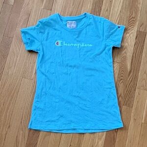 Champion Aqua Blue T-Shirt Green Letters women’s Small